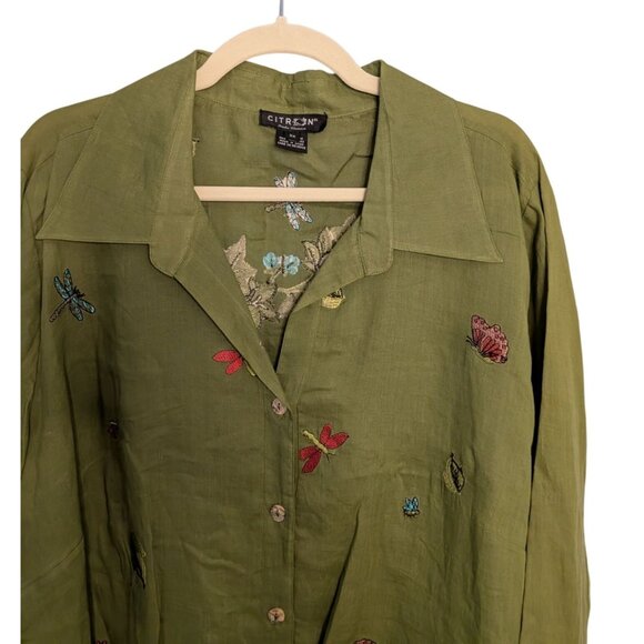 Citron Santa Monica 3X Green Button-Up Embroidered Ramie Tunic Top Boho Artsy - Picture 7 of 16